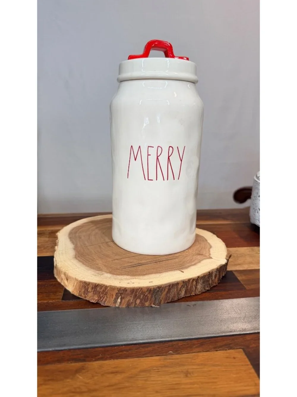 Rae Dunn MERRY Christmas Canister Red Handle Lid White Ceramic Farmhouse